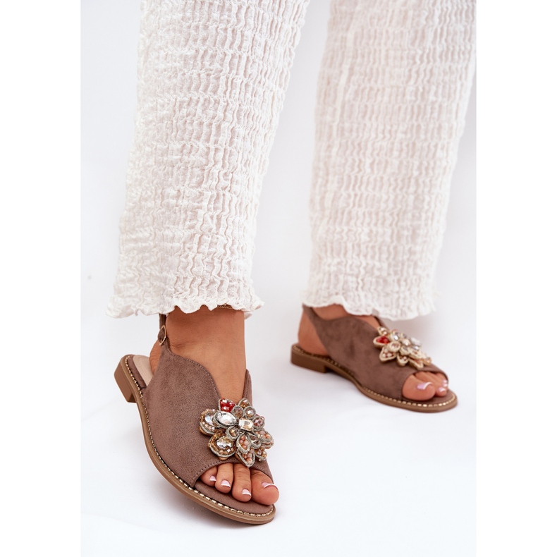 S.Barski Sandale pentru femei cu toc plat cu un ornament de S. Barski KV27-001 Dark Beige bej 2