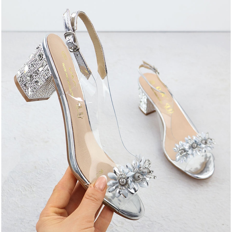 Sandale pentru femei transparente pe un post cu zirconi Silver S.Barski MR51-725 argint 1