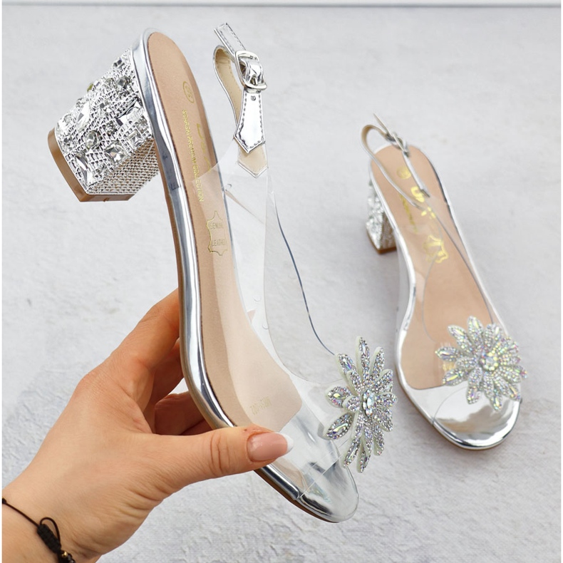 Sandale pentru femei transparente pe un post cu zirconi Silver S.Barski MR51-002 argint 1