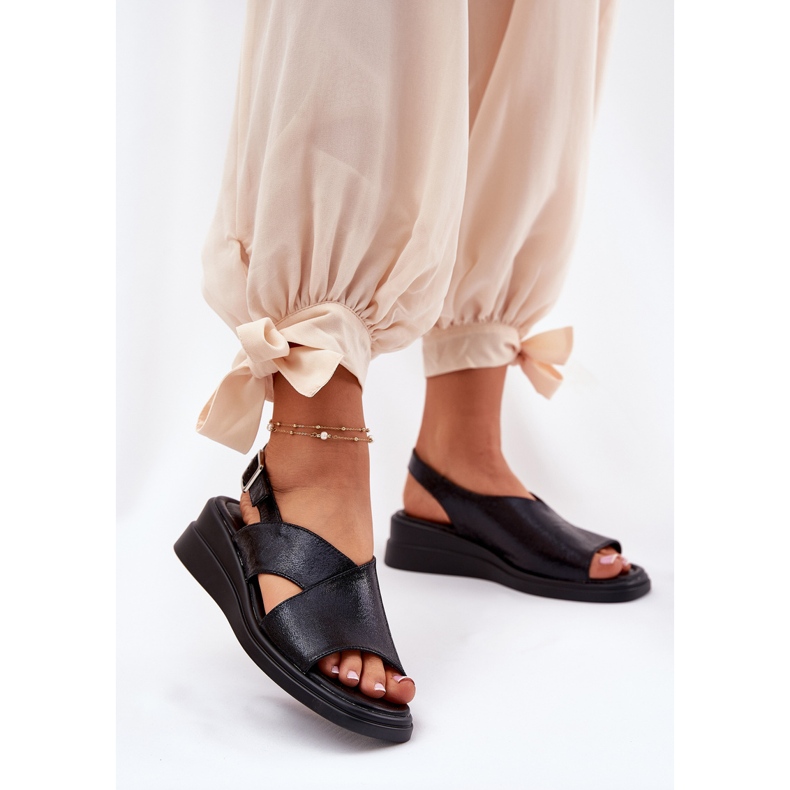 Jezzi Sandale pentru femei pictate pe pană cu piele neagră din piele eco negru 2