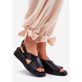 Jezzi Sandale pentru femei pictate pe pană cu piele neagră din piele eco negru 1