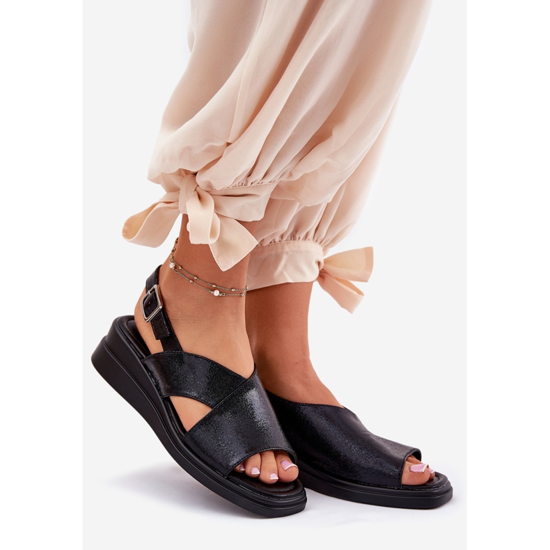 Jezzi Sandale pentru femei pictate pe pană cu piele neagră din piele eco negru 1