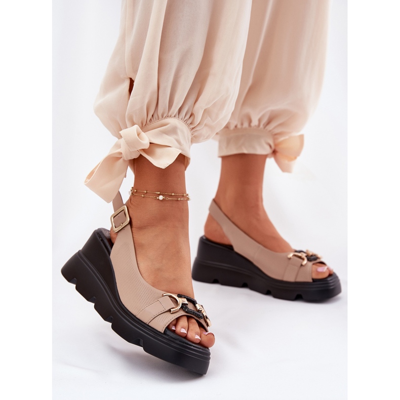 ARTIKER Sandale de piele pentru femei pe pană și platformă cu decorare Artker 56C2209 Beige bej 2