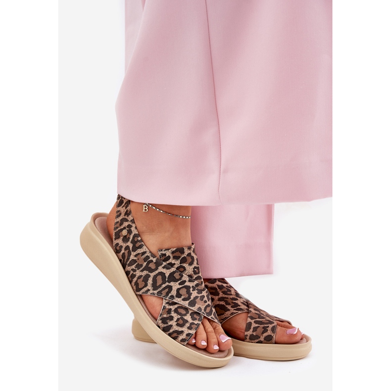 Zazoo 40392 Sandale din piele imprimeu leopard maro pentru femei bej 1