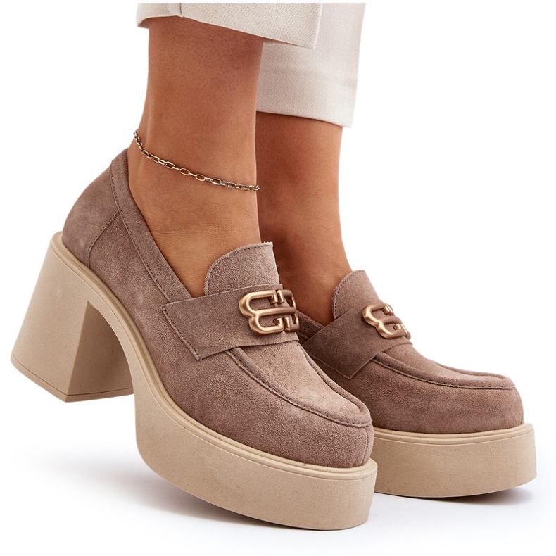 Zazoo 20170 pantofi din piele de căprioară pe un post gros bej 5