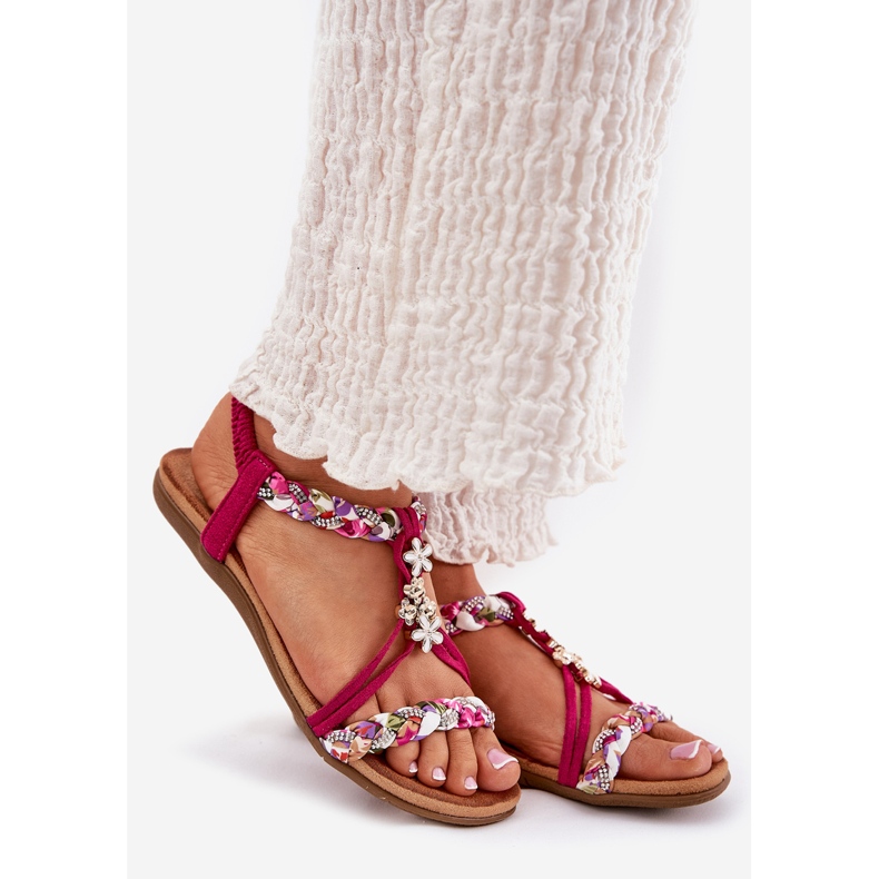 Sandale pentru femei plate cu dungi împletite și pini Artiker 56C1314 Fuksja roz 1