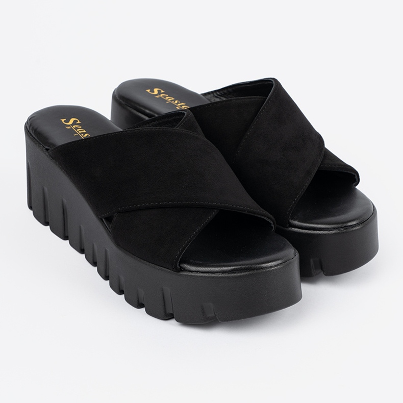 Seastar Sandale cu pană de piele de piele neagră de damă negru 1