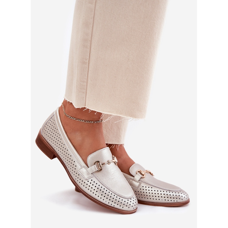 S.Barski Plăceri din piele pentru femei cu ornament cu toc plat S. Barski LR51-594 Silver argint 1