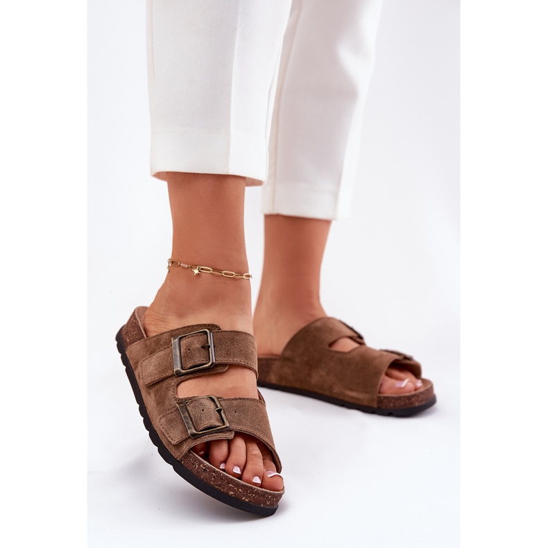 Flip -flops din piele de căprioară cu catarama pentru femei Panto FINO RR267024 BROWN maro 2