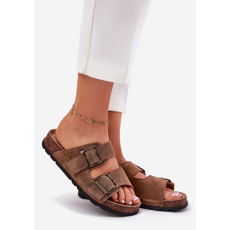 Flip -flops din piele de căprioară cu catarama pentru femei Panto FINO RR267024 BROWN maro 1
