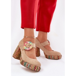Pompe din piele de căprioară cu împletitură pe post și platformă Maciejka 06839-04 Beige bej 2