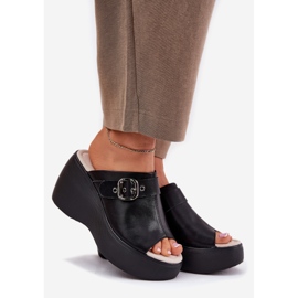 S.Barski Flip-flops din piele feminină pe platformă și pană cu cataramă S. Barski LR51-542 Negru 1