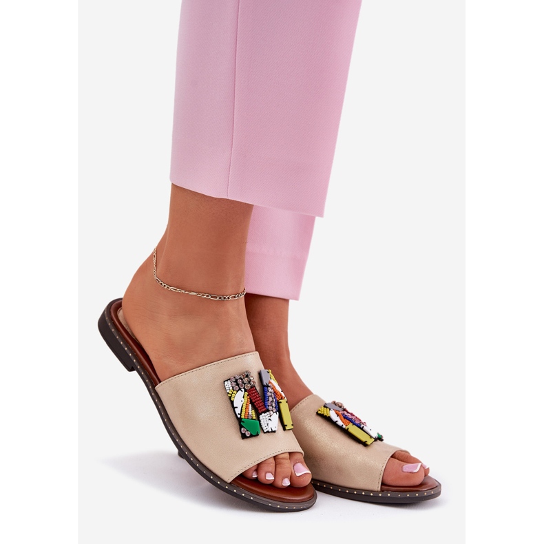 Jezzi Flip -flop -uri pentru femei cu lac plat cu ornament de aur 1