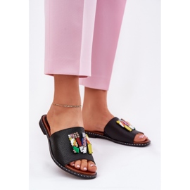 Jezzi Flip-flops pentru damă, cu toc plat, cu decor, negru 2