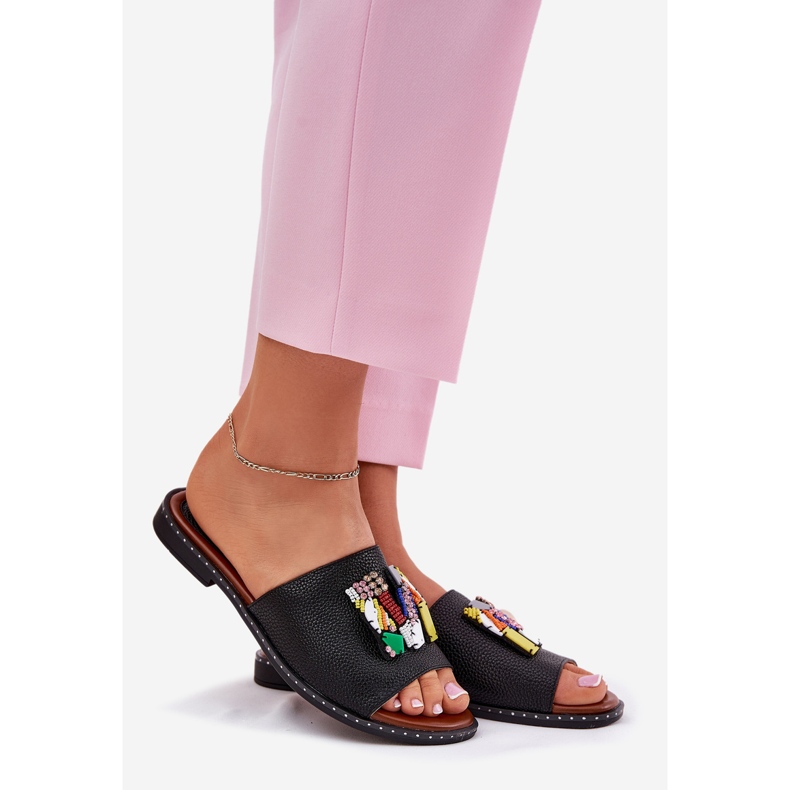 Jezzi Flip-flops pentru damă, cu toc plat, cu decor, negru 1