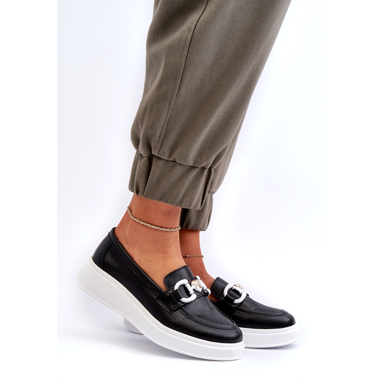 S.Barski Plăcile din piele pentru femei pe platforma Czarne S. Barski LR720 cu un ornament negru 1