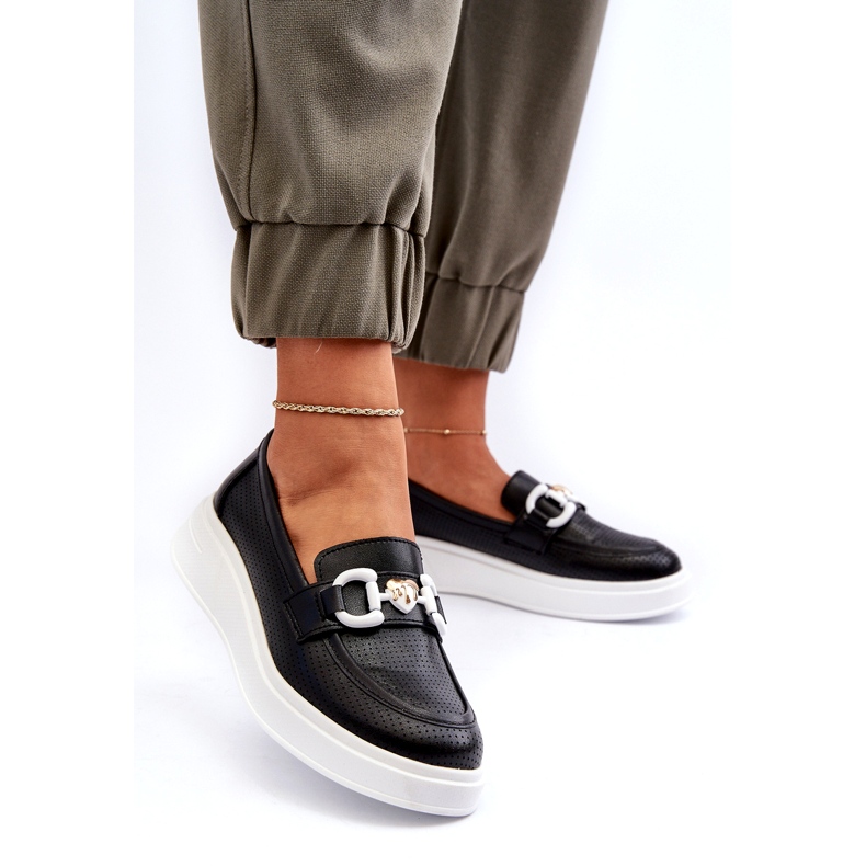 S.Barski Plăcile din piele pentru femei pe platforma Czarne S. Barski LR720 cu un ornament negru 2