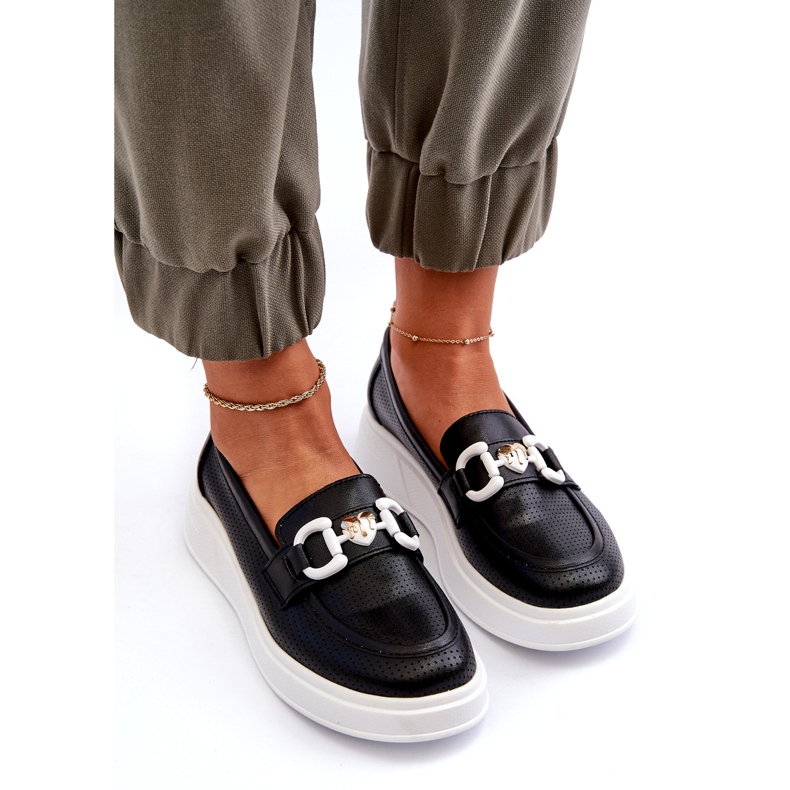 S.Barski Plăcile din piele pentru femei pe platforma Czarne S. Barski LR720 cu un ornament negru 3