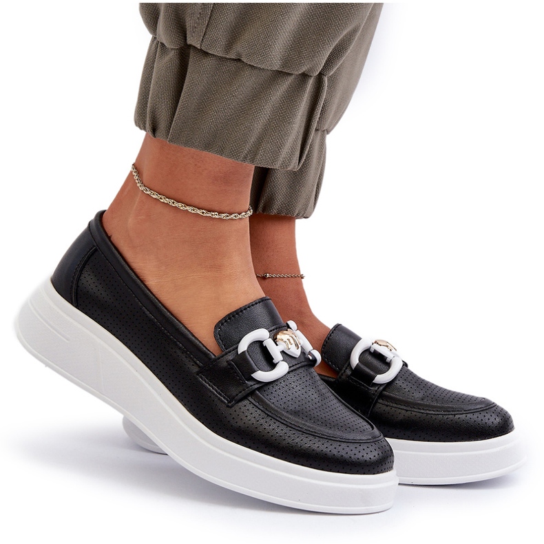 S.Barski Plăcile din piele pentru femei pe platforma Czarne S. Barski LR720 cu un ornament negru 5