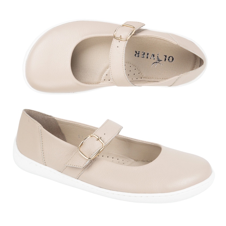 Balerinas pentru femei desculță Olivier 1770POL Pantofi din piele cu cataramă bej 1