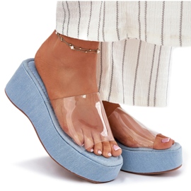 Inna Flip -flops pentru femei cu o centură transparentă pe pană. albastru 8