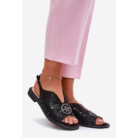 S.Barski Sandale din piele cu toc plat cu un ornament de S. Barski KV51-094 Negru 1