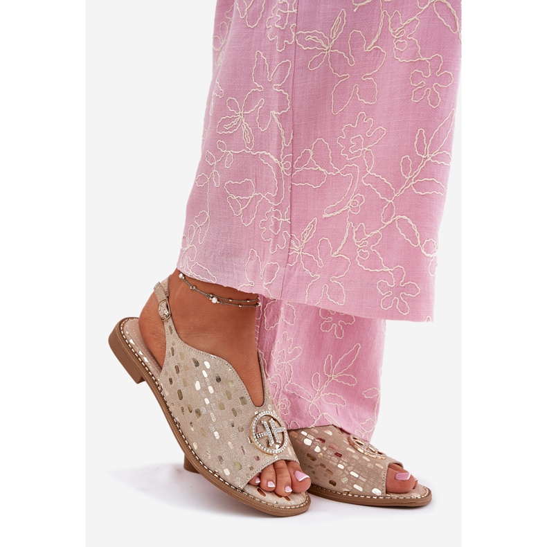 S.Barski Sandale din piele cu toc plat cu un ornament de S. Barski KV51-094 PLN de aur 1