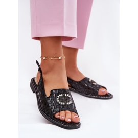 S.Barski Sandale din piele cu ornament cu toc plat S. Barski KV51-096 Negru 2 S.Barski Sandale din piele cu ornament cu toc plat S. Barski KV51-096 Negru 2