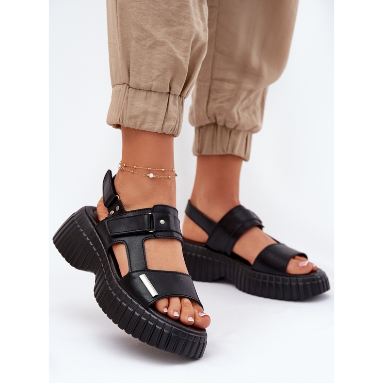 EVento Sandale de piele pentru femei pe platformă neagră negru 2