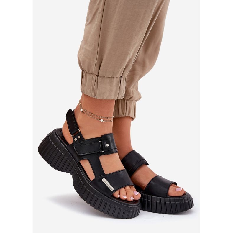 EVento Sandale de piele pentru femei pe platformă neagră negru 1