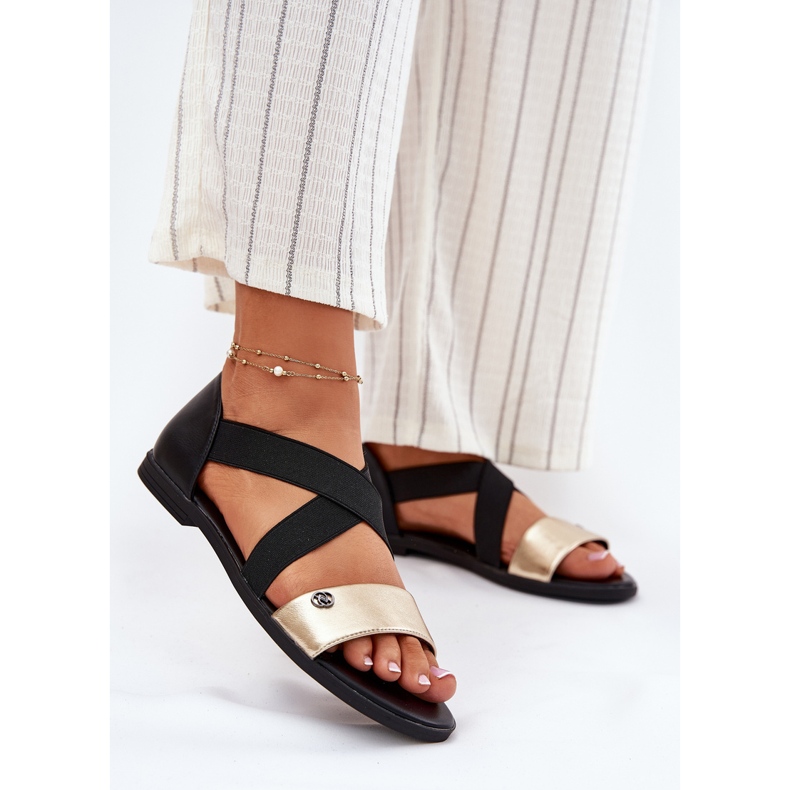 EVento Sandale plate pentru femei cu dungi flexibile negre și aurii negru 2