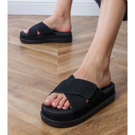 Papuci negri cu dungi pe platformă negru 2