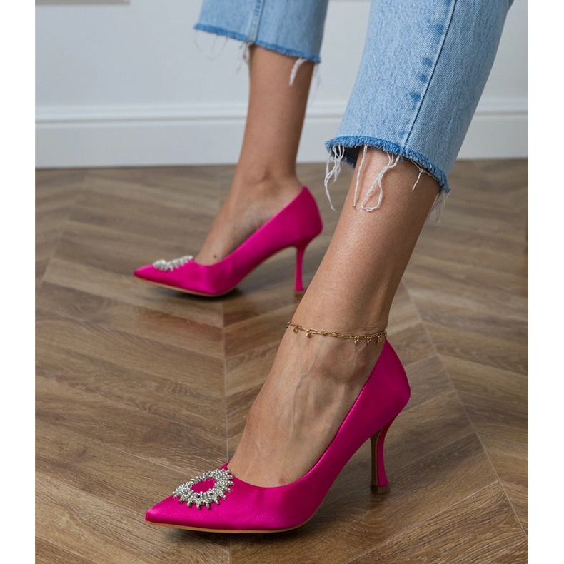 Pompe din satin roz cu zirconi 2