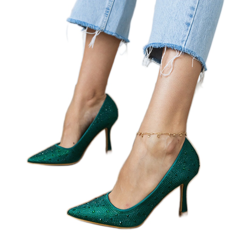 Pompe din satin verde cu zirconi 1