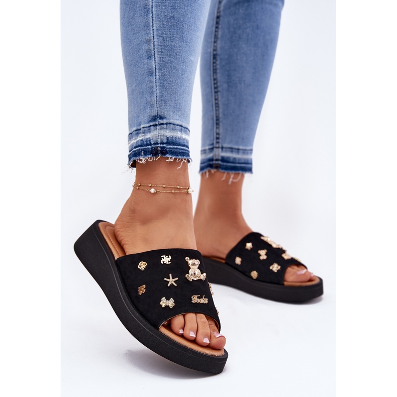 Flip -uri din piele de căprioară pentru femei cu Vinceza 66741 Pinuri negre negru 2