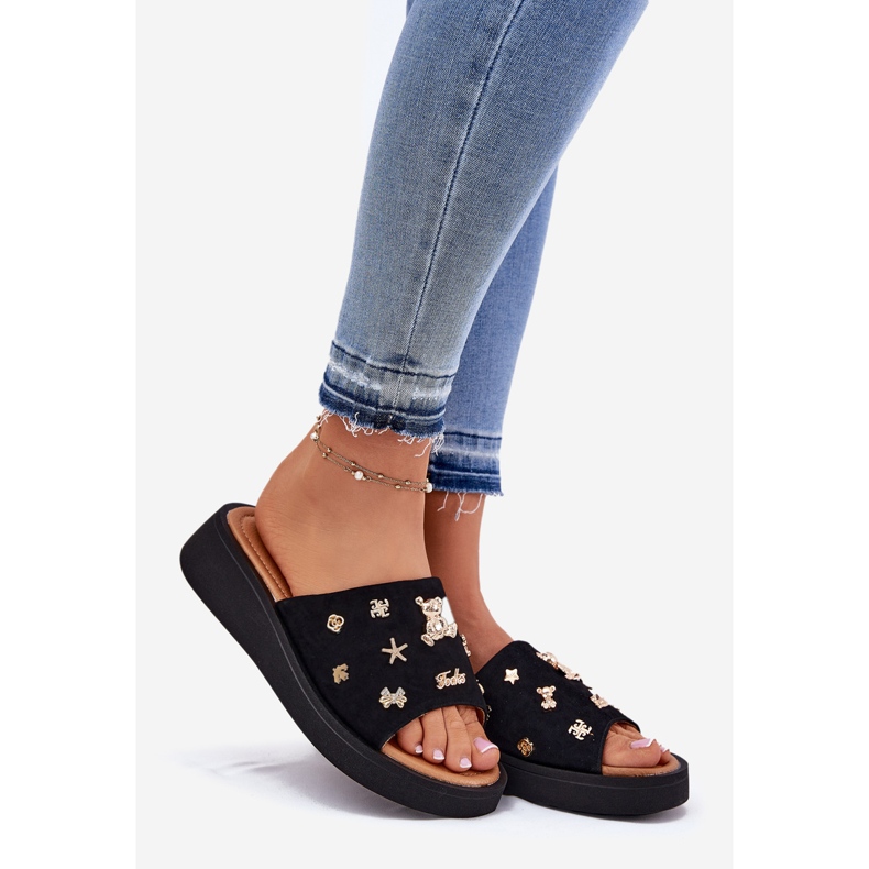 Flip -uri din piele de căprioară pentru femei cu Vinceza 66741 Pinuri negre negru 1