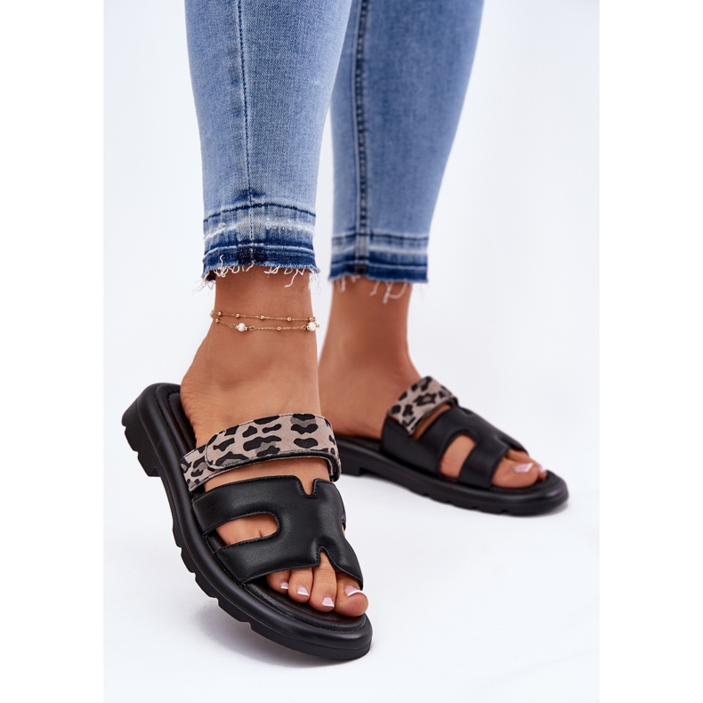 Flip Flops din piele pentru femei Vinceza 66769 Leopard negru 2