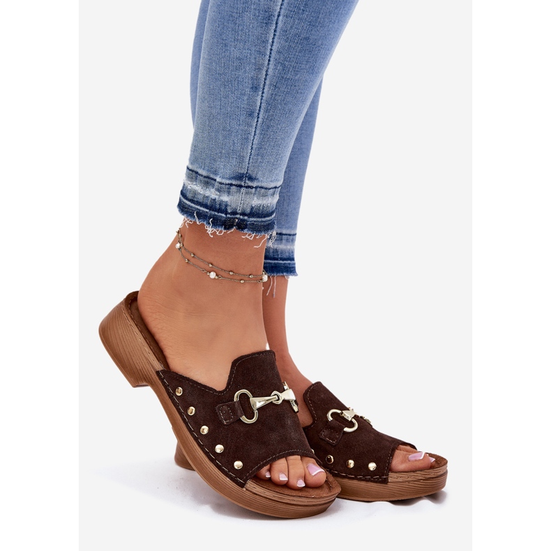 Papuci din piele de căprioară pentru femei inblu TF0002K Brown maro 1