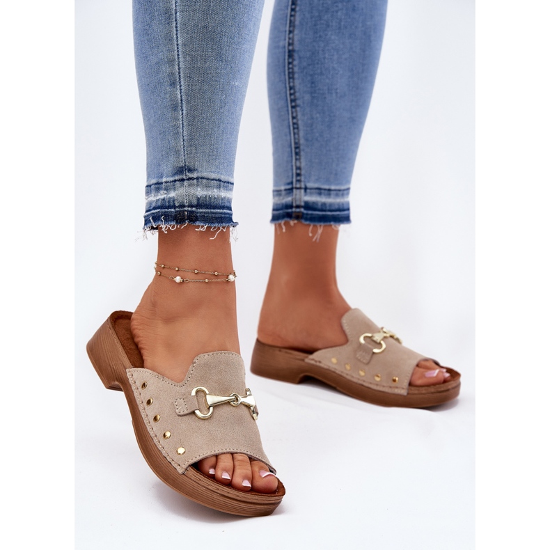 Papuci din piele de căprioară pentru femei inblu tf0002k bej 2