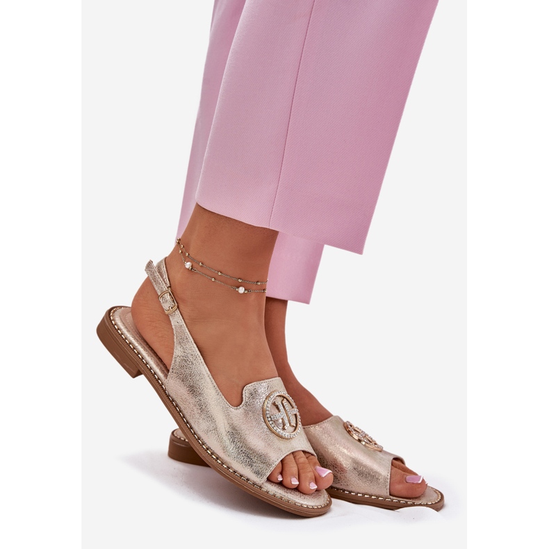 S.Barski Sandale pentru femei cu toc plat cu ornament S. Barski KV51-002 Aur de aur 1