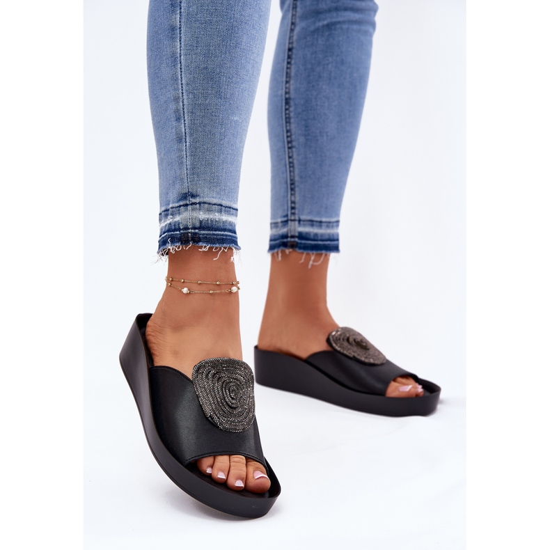 S.Barski Papuci din piele pentru femei cu ornament KV51-028 Negru 2