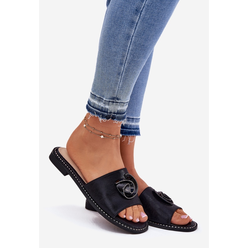 S.Barski Flip-flop-uri pentru femei cu toc plat cu decorative KV51-007 Detaliu negru negru 1