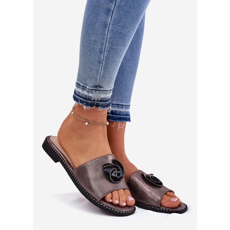 S.Barski Flip-flop-uri pentru femei cu toc plat cu detaliu decorativ KV51-007 grafit argint 1