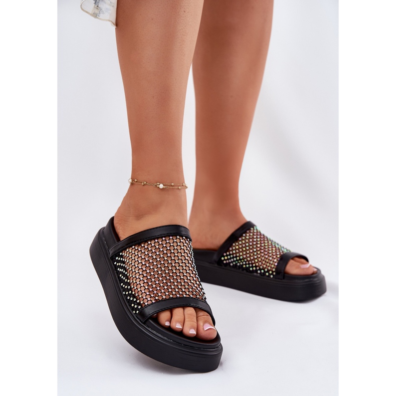 S.Barski Flip-flops decorat pentru femei pe platformă cu Mesh S. Barski My51-016 Negru 2