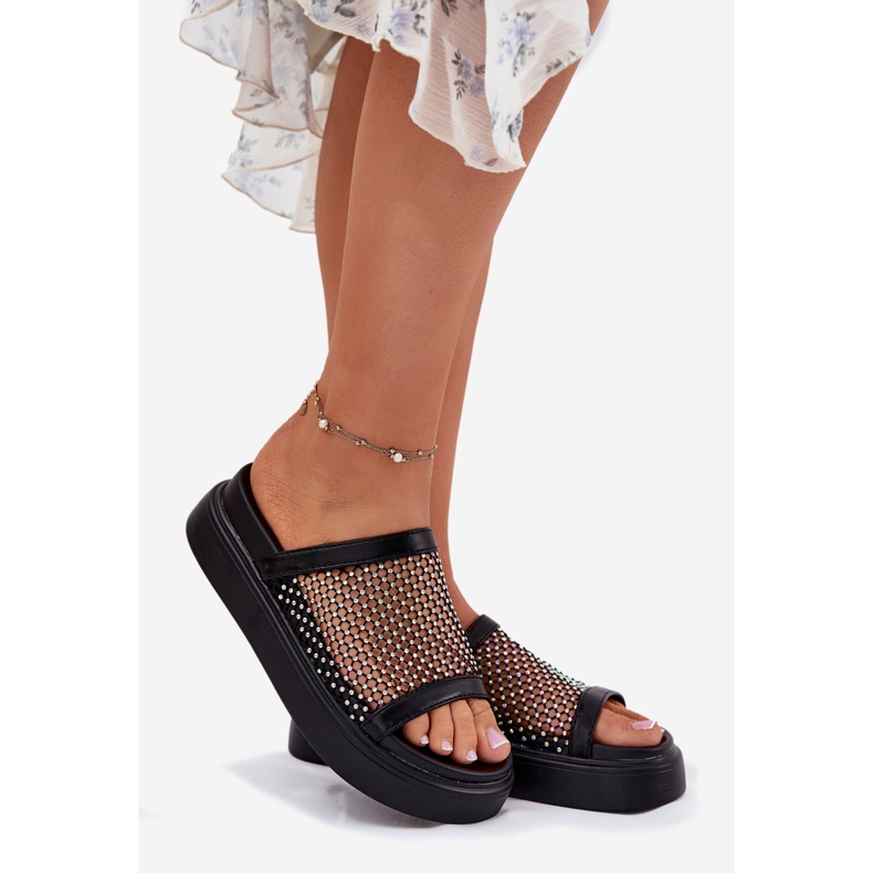 S.Barski Flip-flops decorat pentru femei pe platformă cu Mesh S. Barski My51-016 Negru 1
