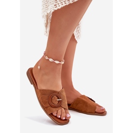 Flip -flop -uri pentru femei cu lac plat cu cataramă de cămile maro 1