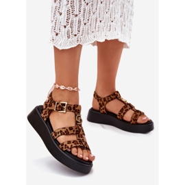 Sandale pentru femei pe platformă cu un leopard cu detaliu de aur maro 1