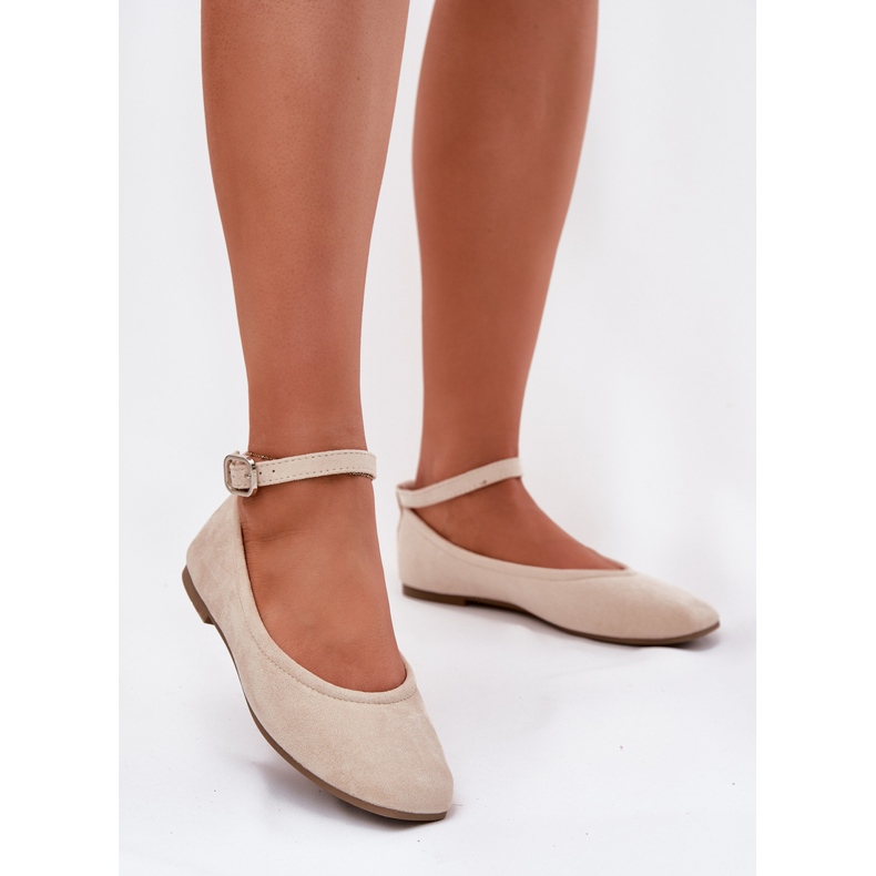 Eco Ballerinas Suede cu o centură și o clemă bej 2 Eco Ballerinas Suede cu o centură și o clemă bej 2