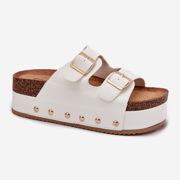 Flip -flops pentru femei cu catarame pe o platformă masivă albă 1