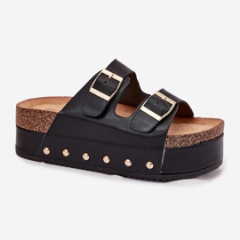 Flip -flops pentru femei cu catarame pe o platformă masivă neagră negru 1